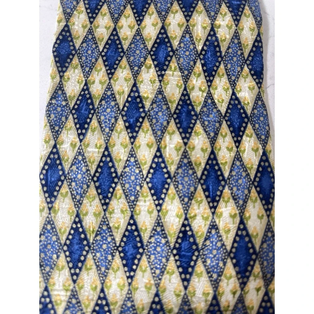 Ermenegildo Zegna Tie Blue Yellow Geometric Diamond 100% Silk Italy 57x4 Classic